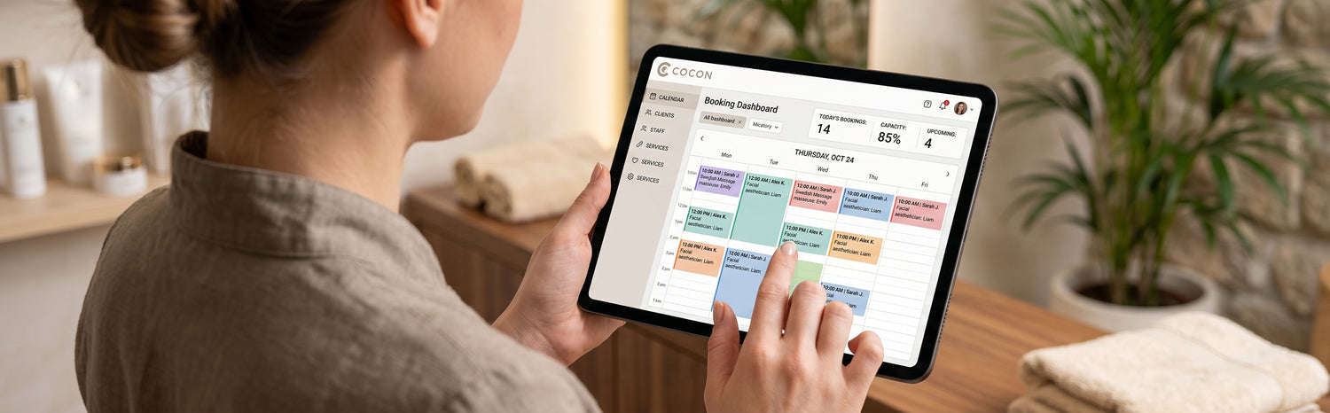 Proprietary spa yield management and dynamic scheduling software dashboard, engineered by COCON Group to optimize commercial strategy, eliminate schedule gaps, and aggressively drive hotel Spa RevPAR.