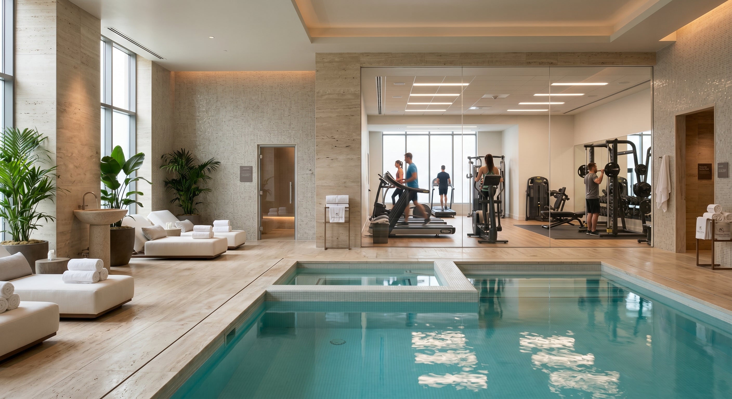 Pristine indoor luxury hotel swimming pool and relaxation loungers, managed by COCON Group's turnkey spa operations.