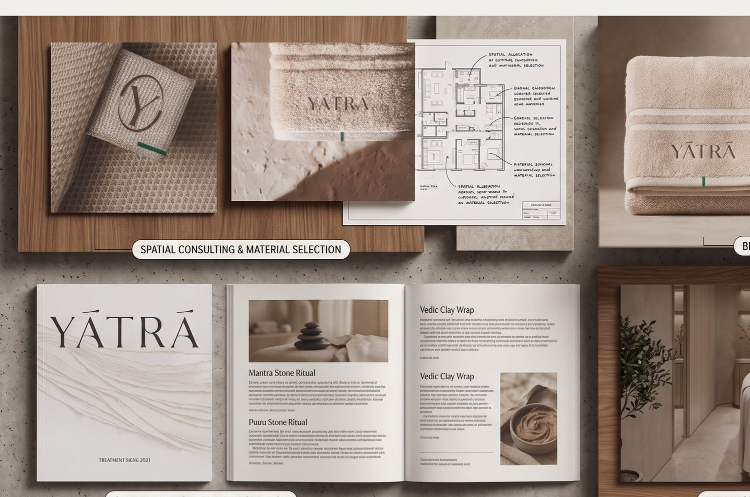 Collage of Yatra brand materials including brochures and product images on a wooden surface.